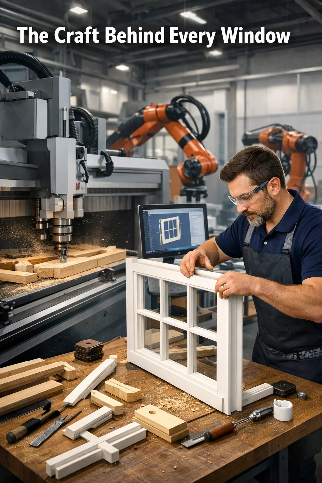 CNC machine crafting timber sash window components