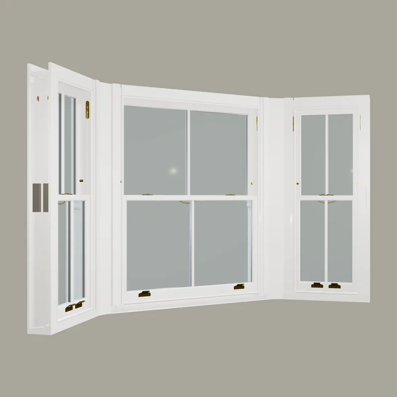 White 45 degree timber bay window: one large sash window and two narrow side windows
