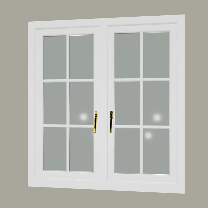 White two-light timber casement window with glazing bars, outside view
