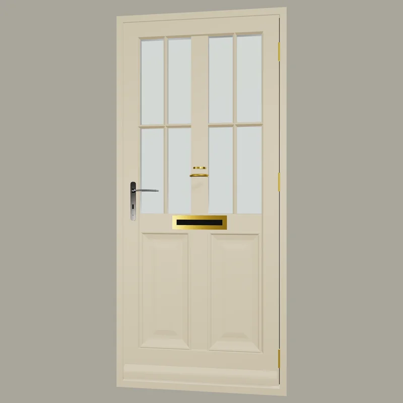 Four-panel timber front door with glazed top panels in Farrow & Ball Jitney