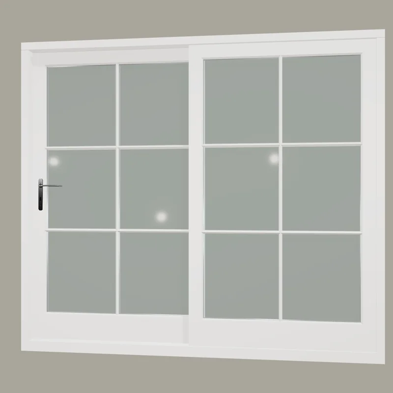 White two-panel timber sliding patio doors with glazing bars