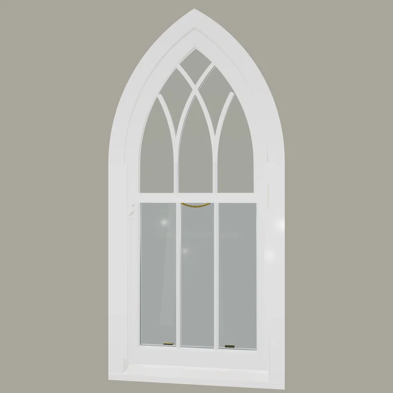 White gothic timber sash window with intersecting tracery and two vertical bars